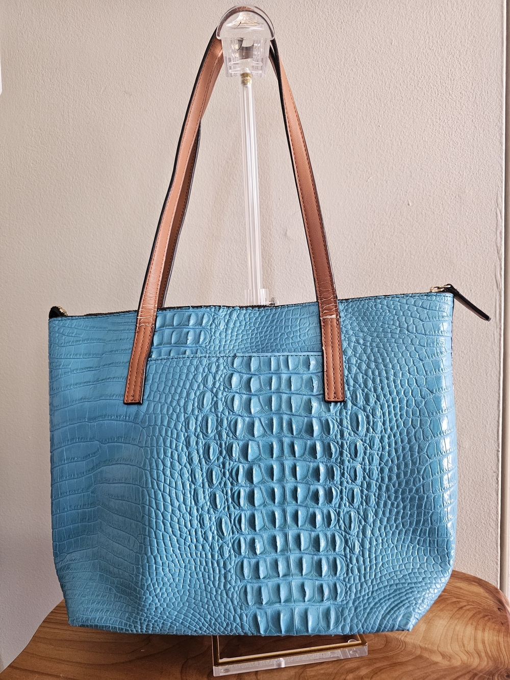 Kate Landry Turquoise Croc-Embossed Tote with Brown Straps - Picture 5 of 9
